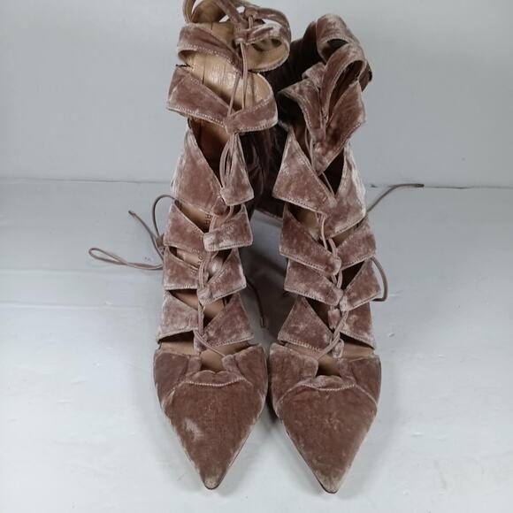 TAMARA MELLON VELVET LACE UP Linger Knee High Blush Heel Boots 37 1/2 us 7 $895 - Picture 1 of 3